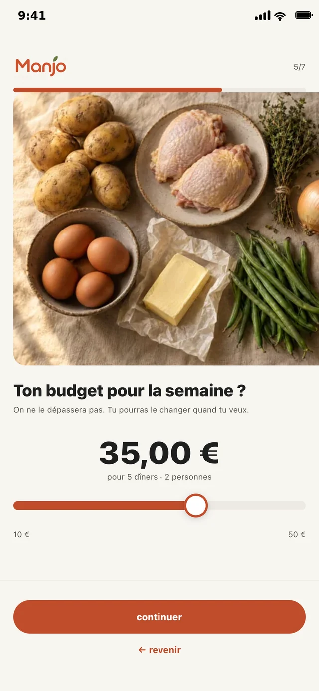 L’écran budget : le montant de la semaine, fixé avant les courses.