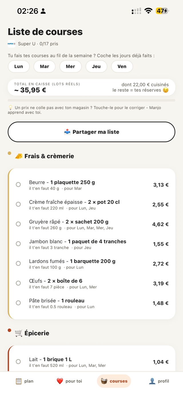 Capture d'écran de l'application Manjo : liste de courses classée par rayon