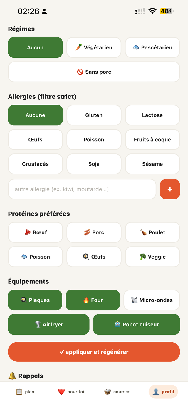Capture d'écran de l'application Manjo : préférences, régimes et allergies